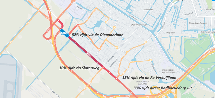 Figuur 30.  Waar gaat het verkeer heen vanaf de Schipholweg t.h.v. de Oleanderlaan (Data TomTom Move, 1 mrt– 1 jun 2024)